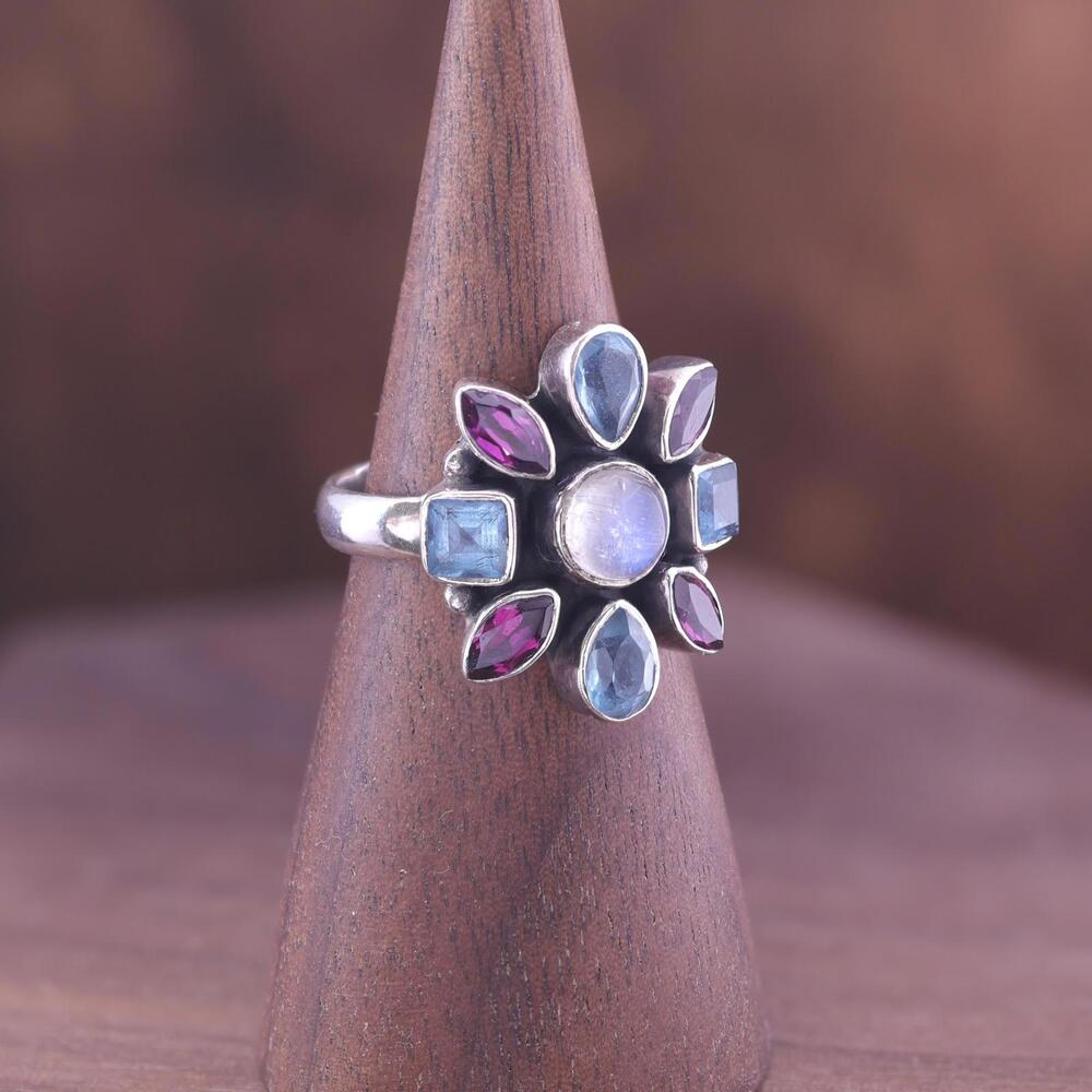 Nicky Butler Sterling Moonstone Blue Topaz Pink Tourmaline Gemstone Ring - Picture 7 of 9